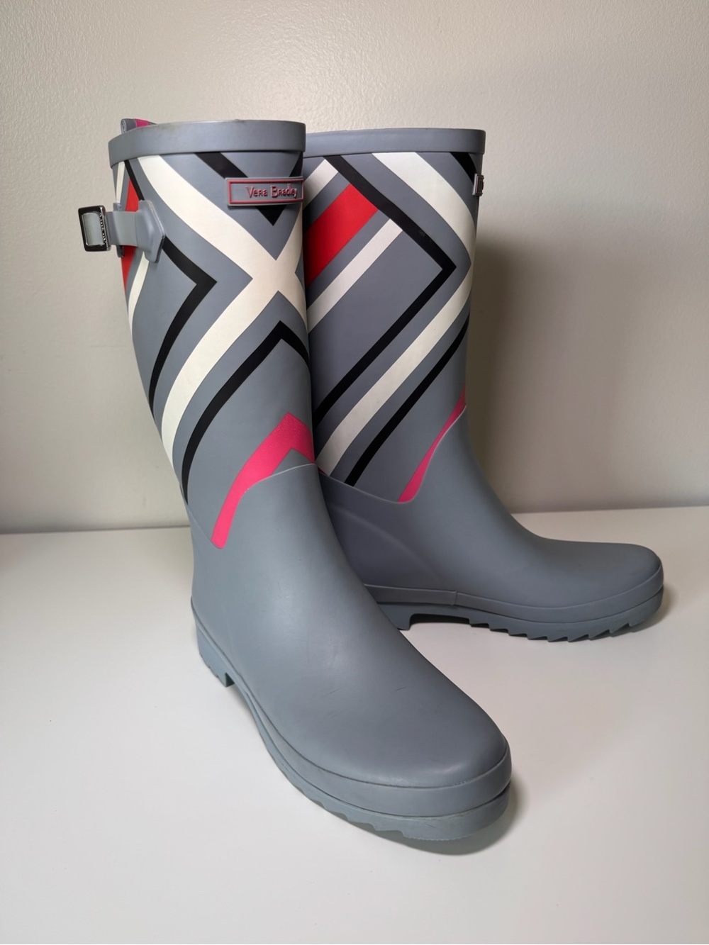 Vera Bradley Northern Stripes Gray, White & Pink Geometric Rain Rubber Boots